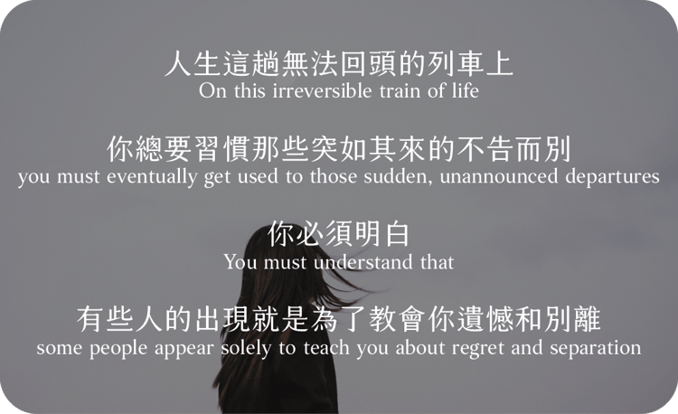 人生這趟無法回頭的列車上
你總要習慣那些突如其來的不告而別
你必須明白
有些人的出現就是為了教會你遺憾和別離