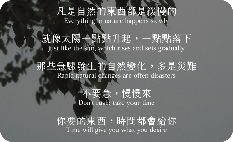 凡是自然的東西都是緩慢的
就像太陽一點點升起，一點點落下
那些急驟發生的自然變化，多是災難
不要急，慢慢來
你要的東西，時間都會給你